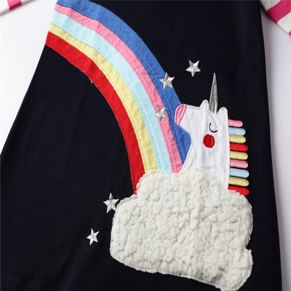 Striped Unicorn Design Long-sleeve Dress