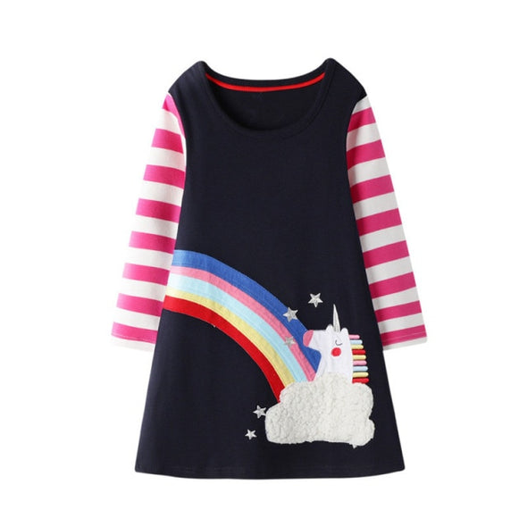 Striped Unicorn Design Long-sleeve Dress