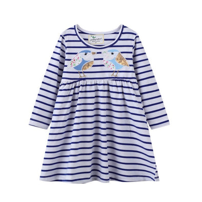 Striped Bird Design Long-sleeve Dress